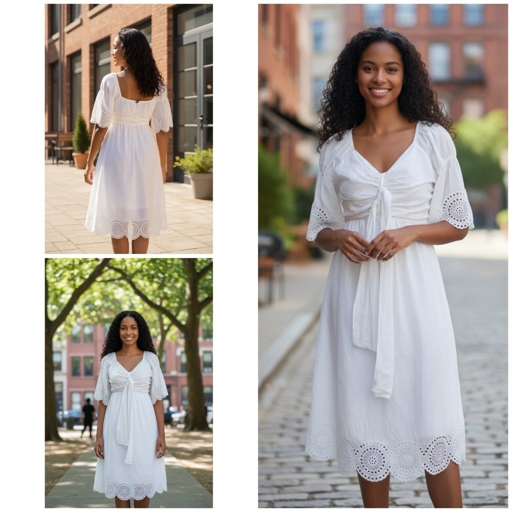 Kenzo White Eyelet Front Tied Bow Bbay Shower Boho Bridal 100% Silk Dress S